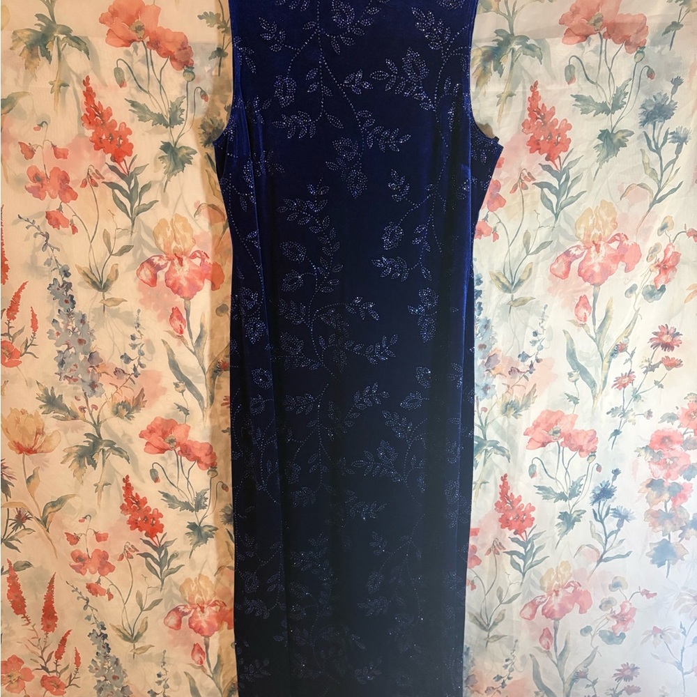 Vintage Elegant Blue Floral Velvet Dress